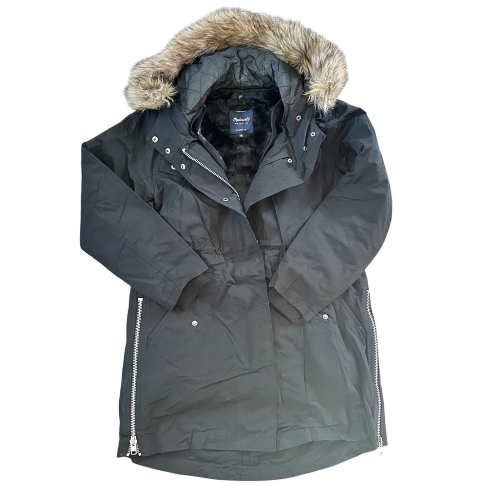 MADEWELL Black Side-Zip Field Parka Womens Small Removable Faux Fur Liner E1254